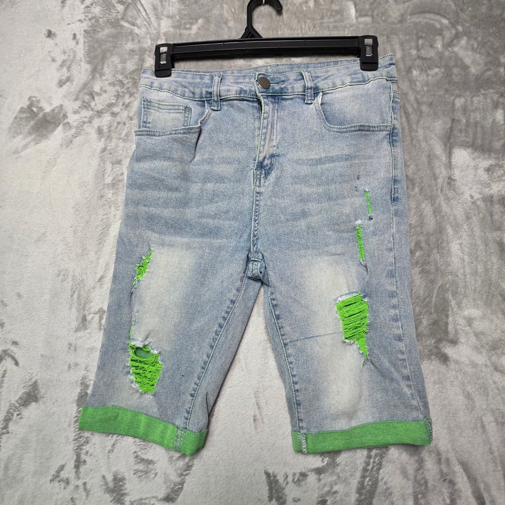 Manfinity Mens Light Wash Distressed Neon Green Ripped Denim Shorts Size M